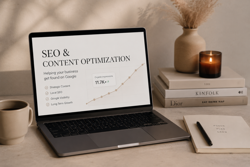 SEO and content optimization workspace with laptop showing organic visibility growth, Google impressions, strategic content planning, and local SEO support in a warm minimalist office setting.
