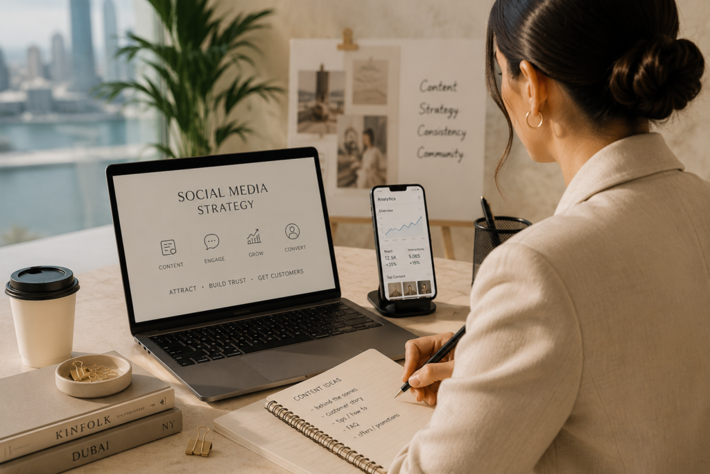 Small business owner in Dubai planning a social media marketing strategy using content planning, analytics, and customer-focused marketing