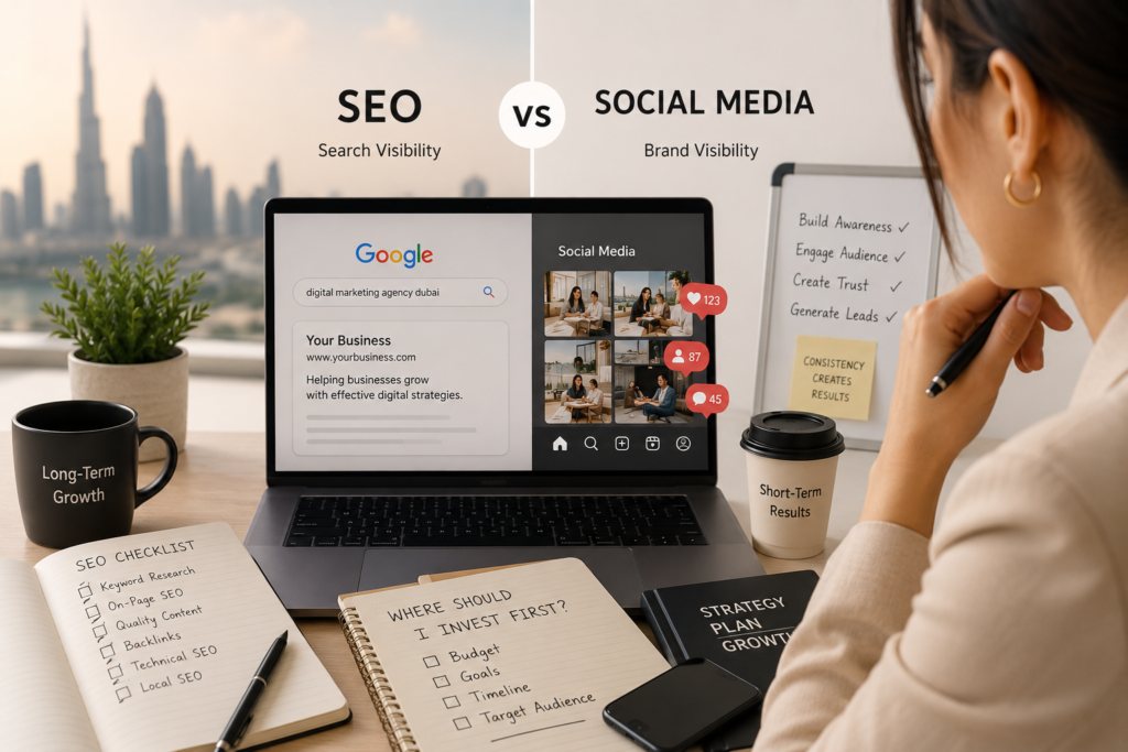 Small business owner comparing SEO and social media marketing strategies to decide where to invest for business growth and customer acquisition.